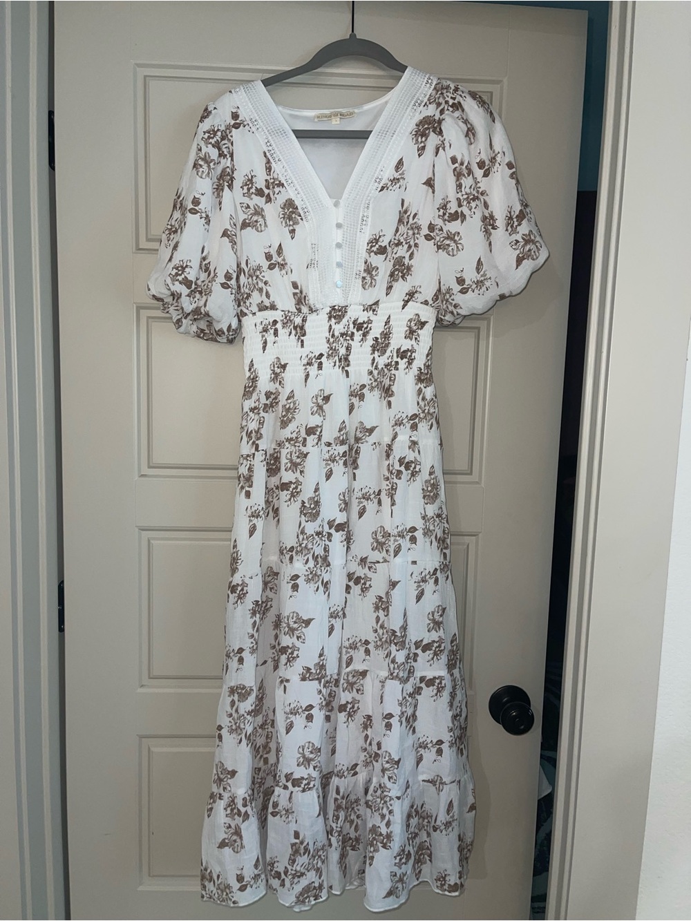 White Floral Midi Dress with Puff Sleeves